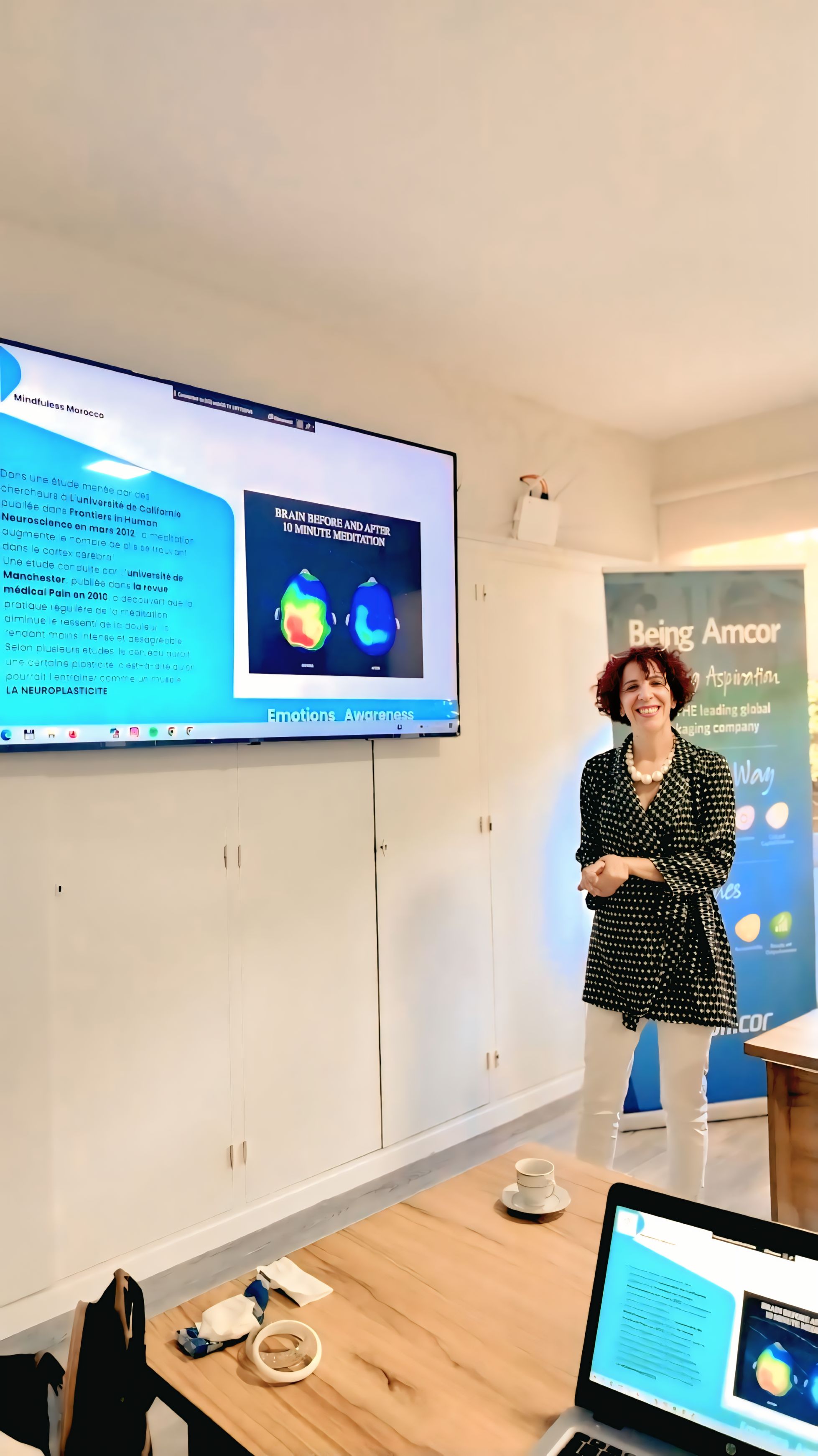 Merieme Lakhdar delivering corporate mindfulness training at Amcor